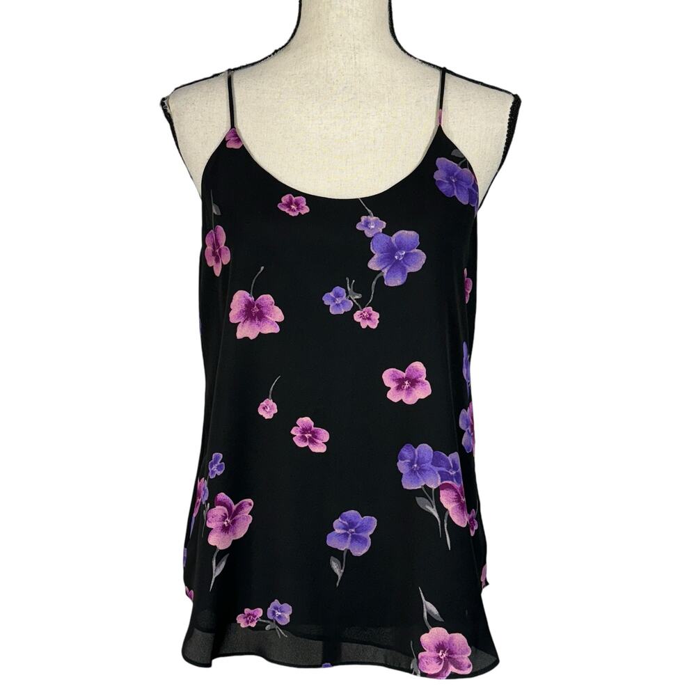 Bar III Medium Top Floral Lined Spaghetti Straps Scoop Neck Curved Hem Black